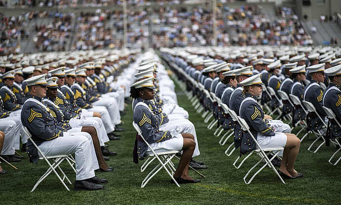 Cadets from the US military academy in West Point, New York, at their graduation in 2021.